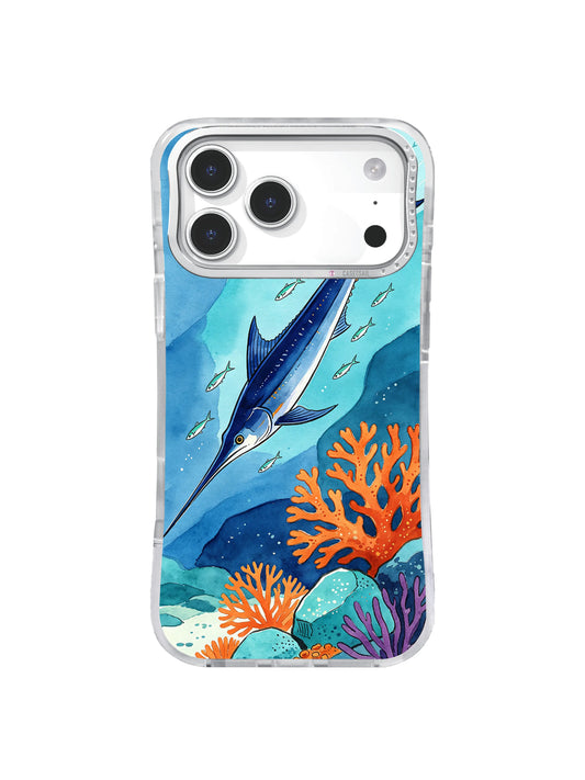 Coral Current Cut swordfish case art above orange coral and turquoise reef stones