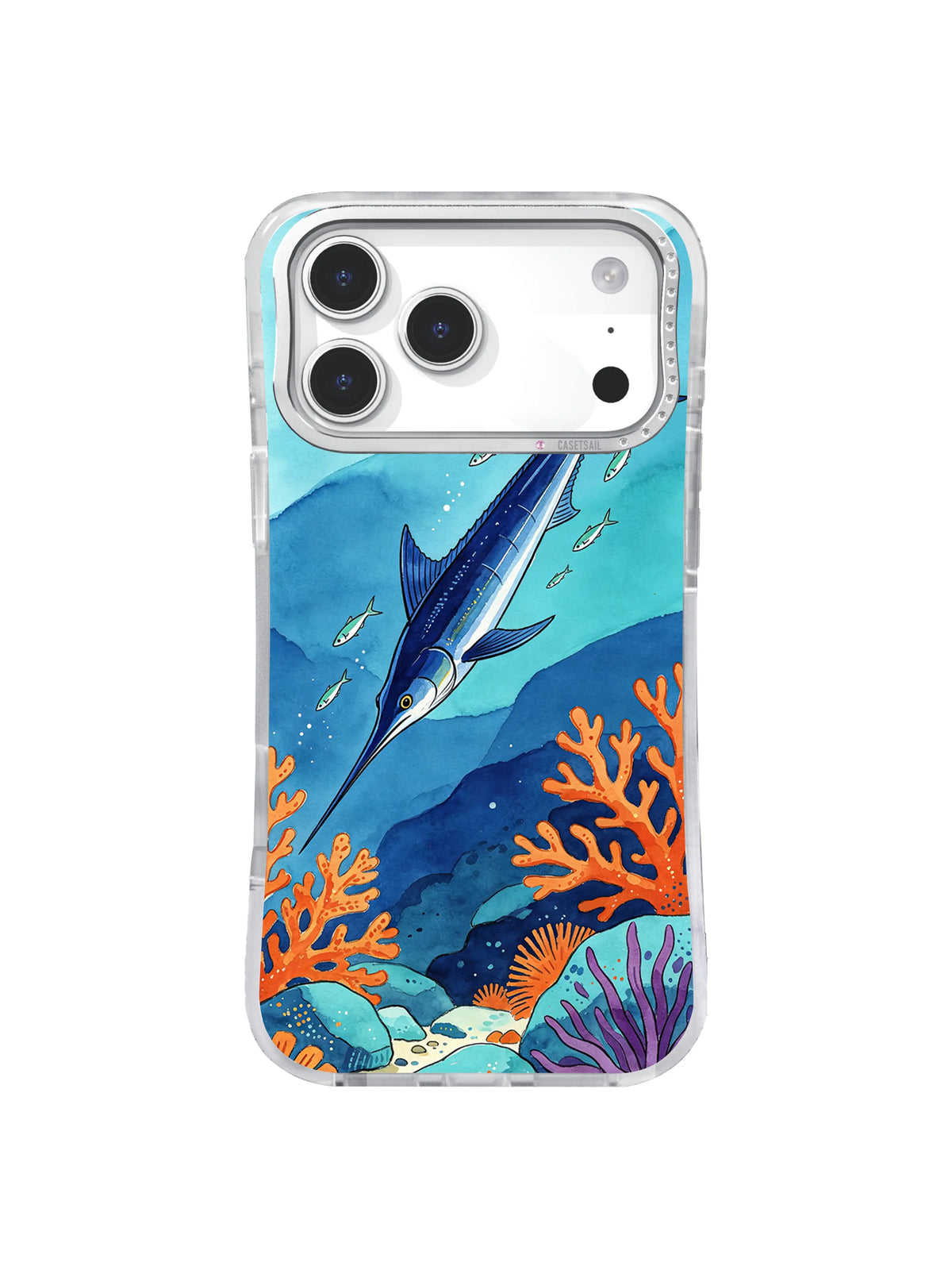Orange Reef Crossing swordfish case art with cobalt water and fan coral