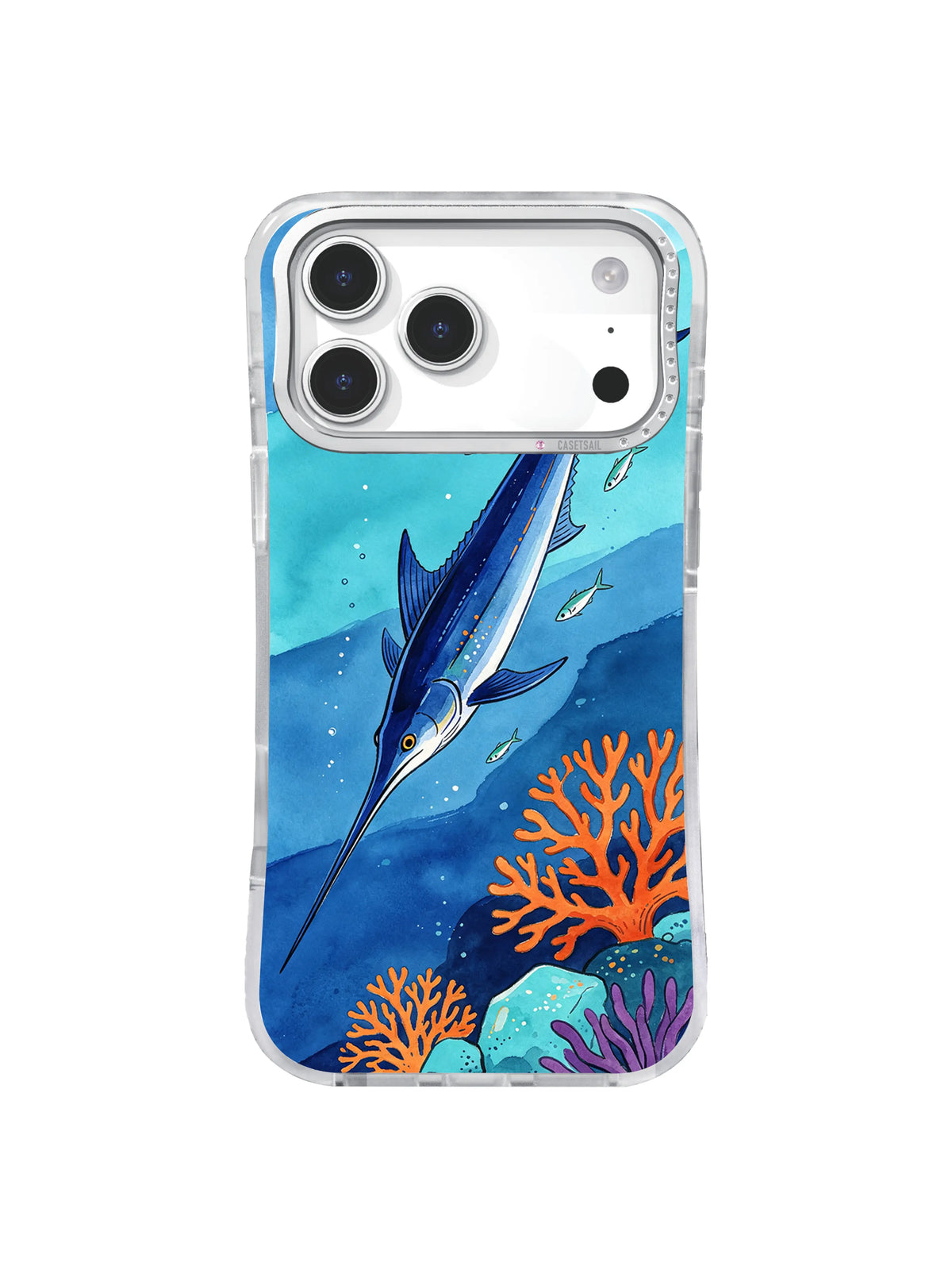 Open Water Decision swordfish iPhone case art with distant silver-green fish