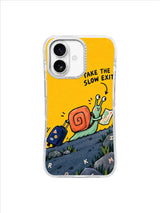Take the Slow Exit iPhone case artwork with a mint snail climbing a dark blue hill under a cream yellow sky