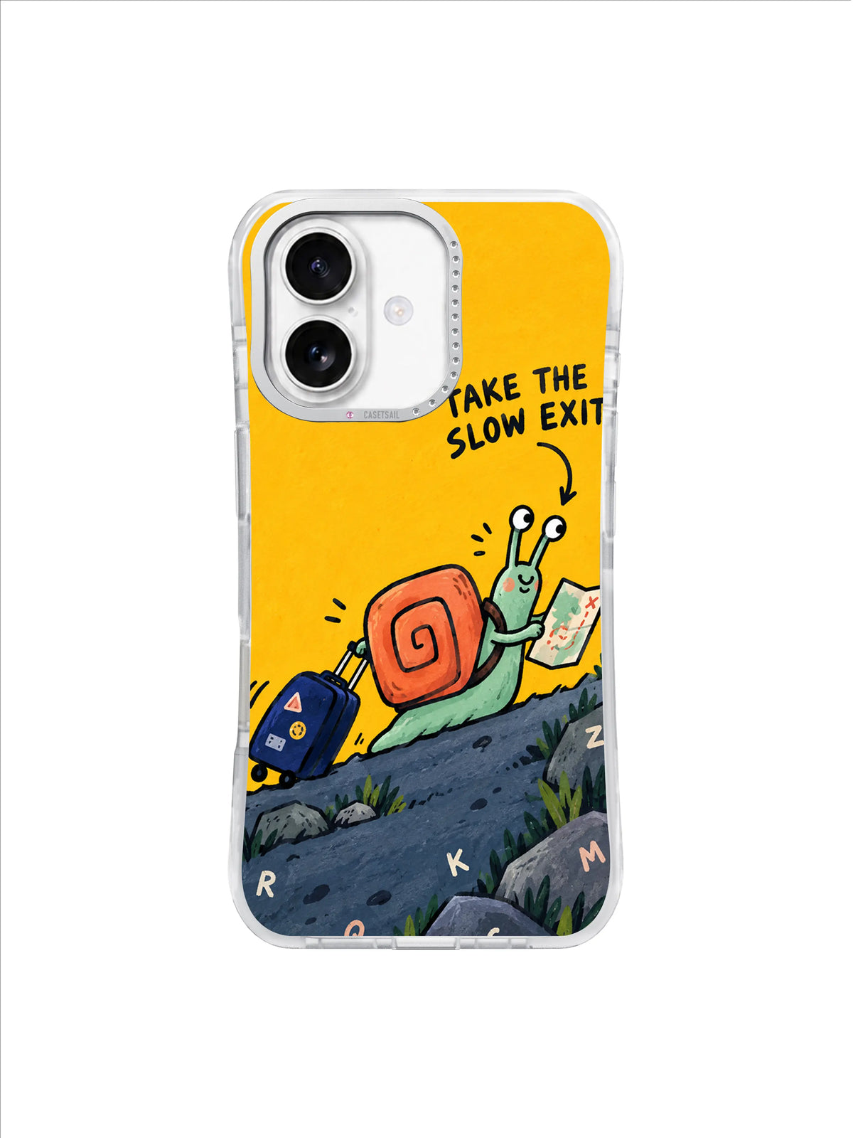 Take the Slow Exit iPhone case artwork with a mint snail climbing a dark blue hill under a cream yellow sky
