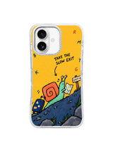 Front view of Take the Slow Exit illustrated iPhone 16 case with mint snail and yellow background