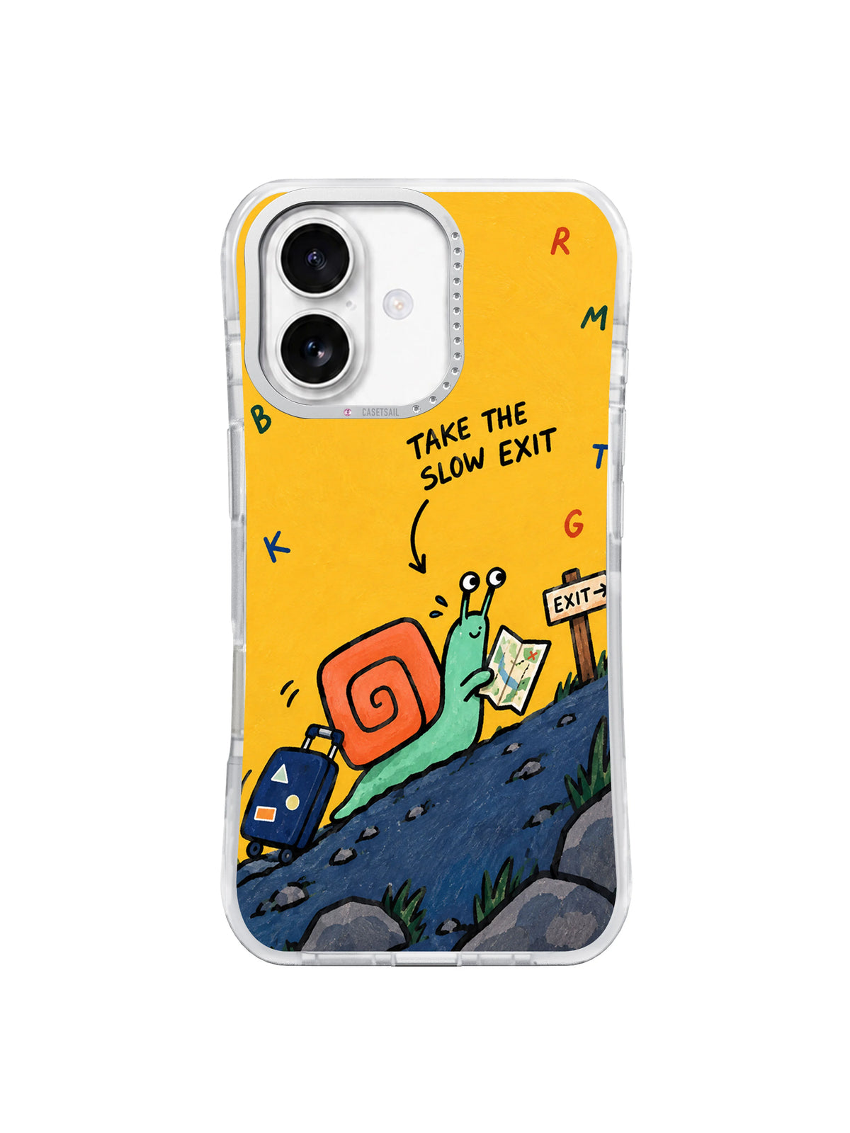 Front view of Take the Slow Exit illustrated iPhone 16 case with mint snail and yellow background