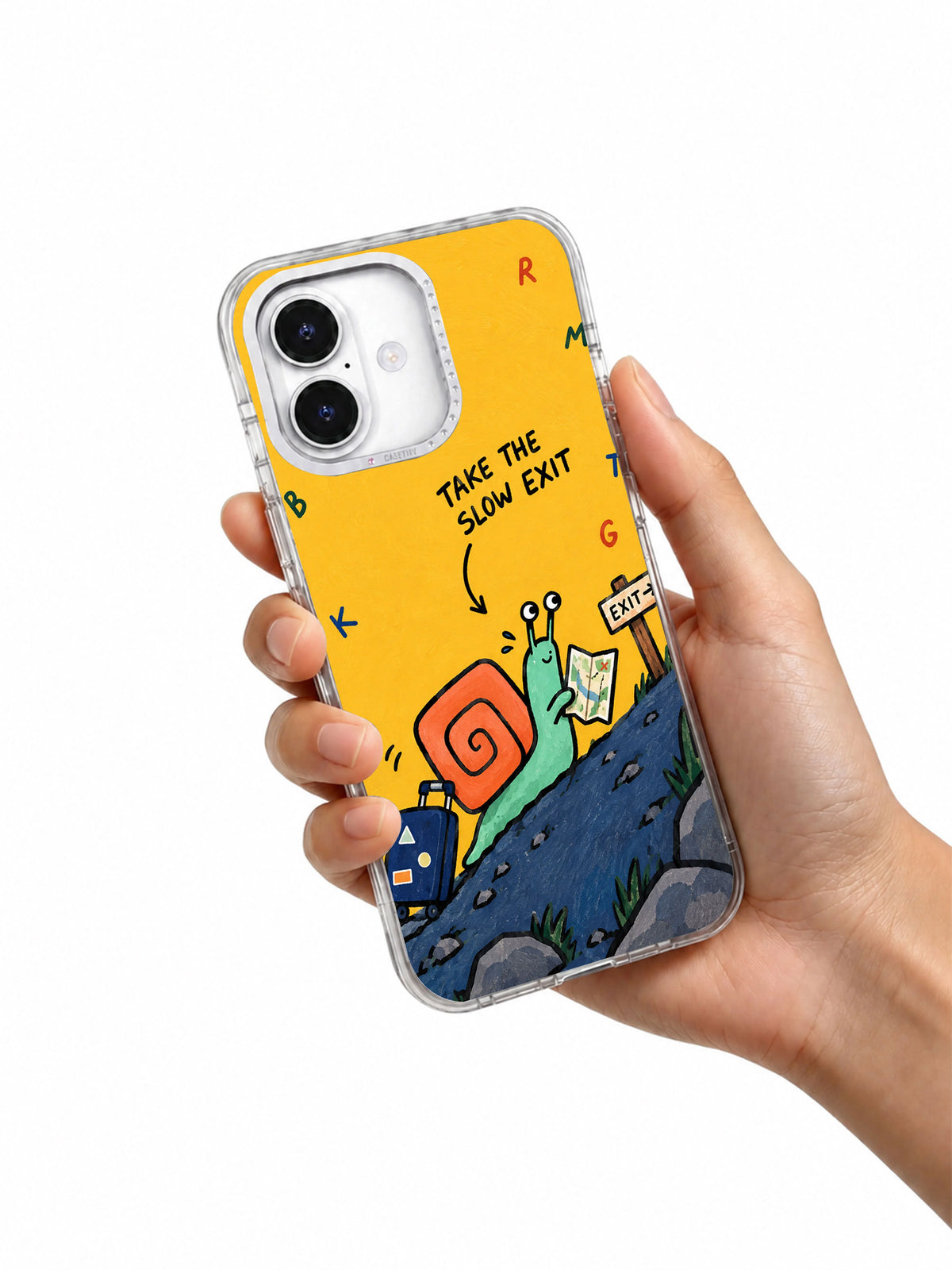 Take the Slow Exit illustrated iPhone 16 case shown naturally in hand