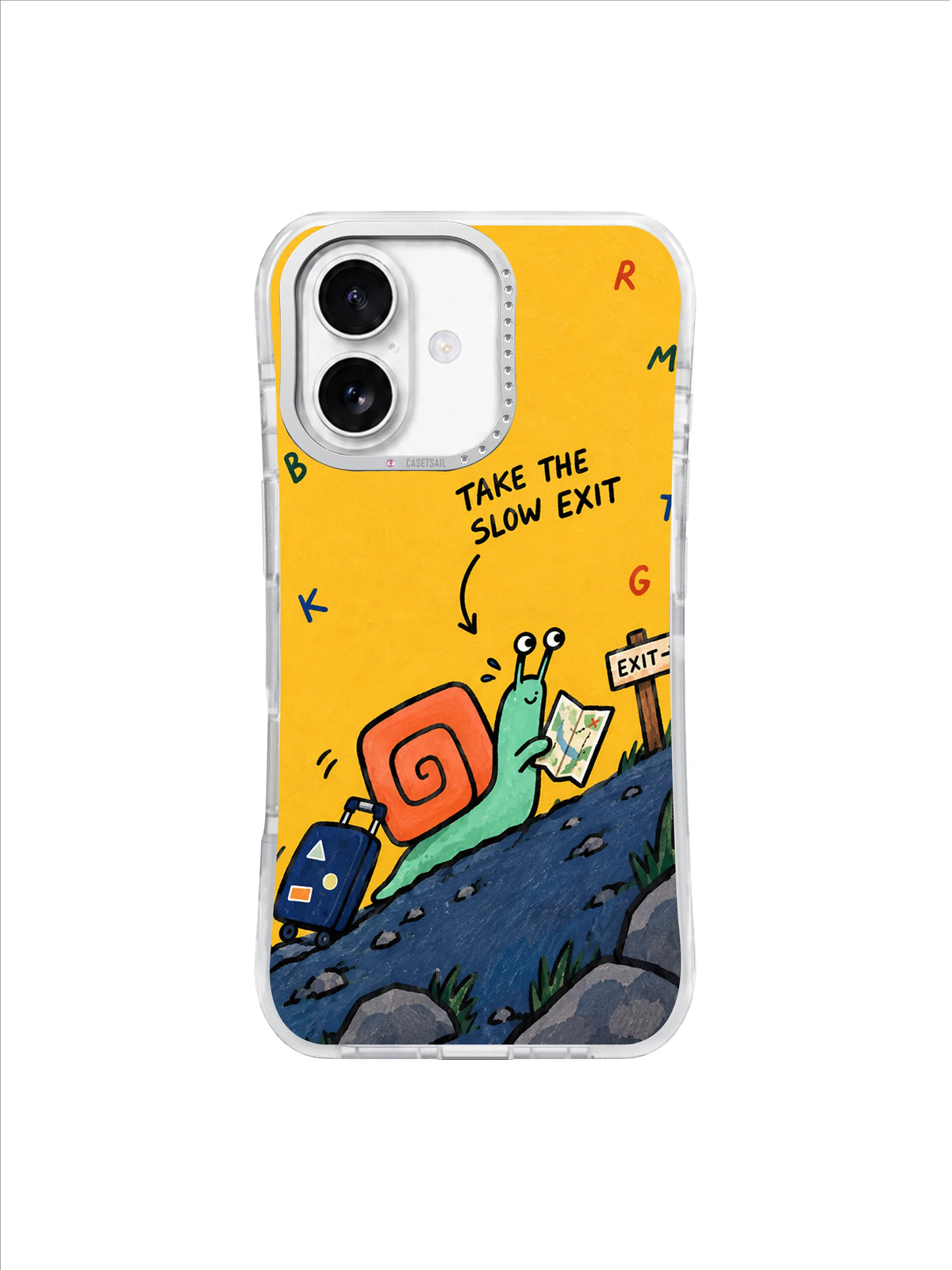 Take the Slow Exit iPhone case artwork with a mint snail, coral shell, navy suitcase and fluttering map