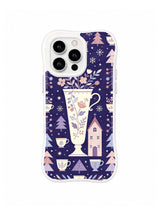 Tall Bloom Teacup pattern on a white iPhone 13 Pro case with a tall floral cup, small cottage, firs and snowflakes on violet blue
