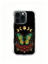 Tattoo style butterfly totem PhoneCasing, minimalist luxury iPhone 14 Plus Case, precise cutout easy access casing.