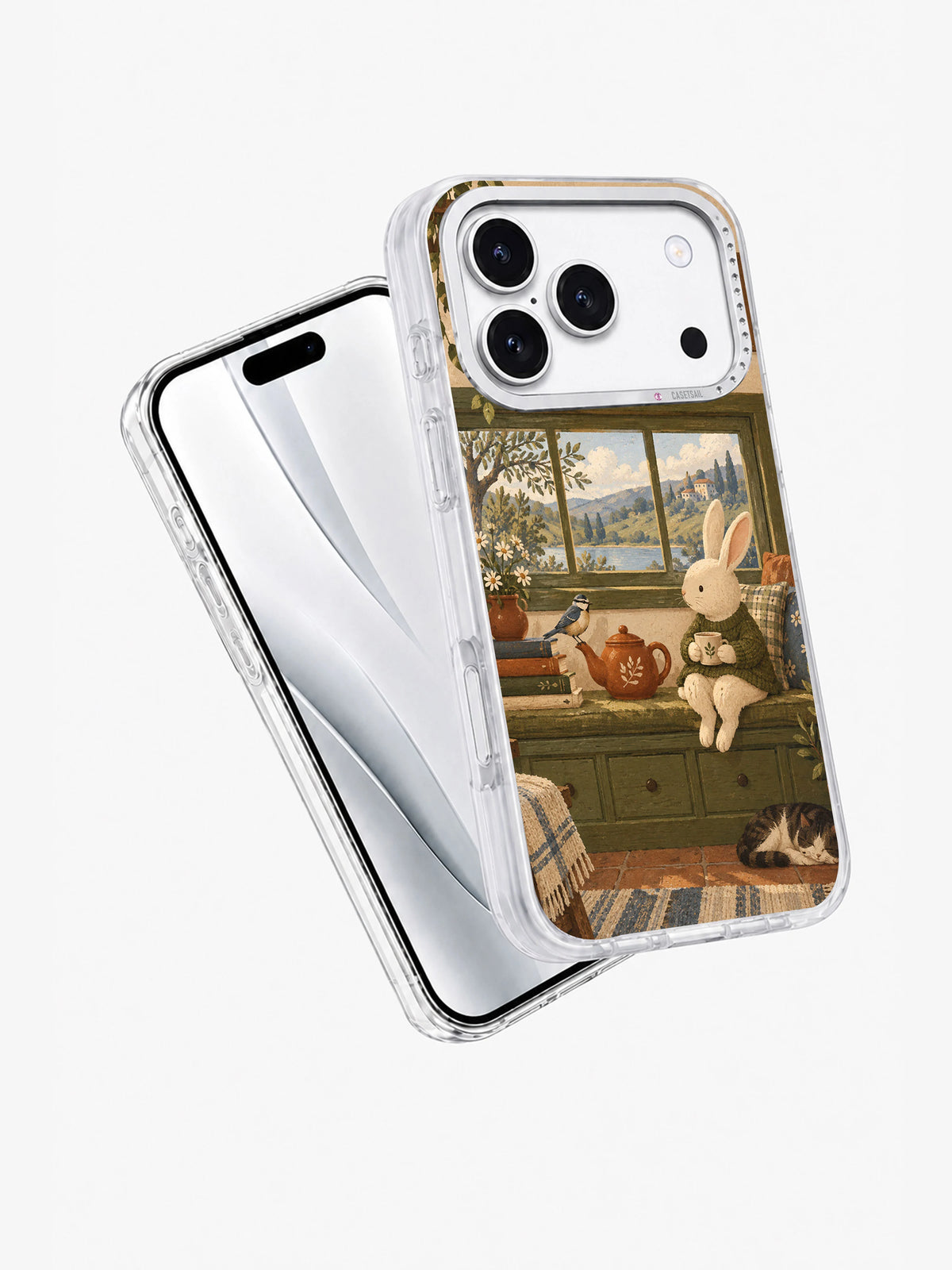 Tea at the Window iPhone 17 Pro case front and back presentation