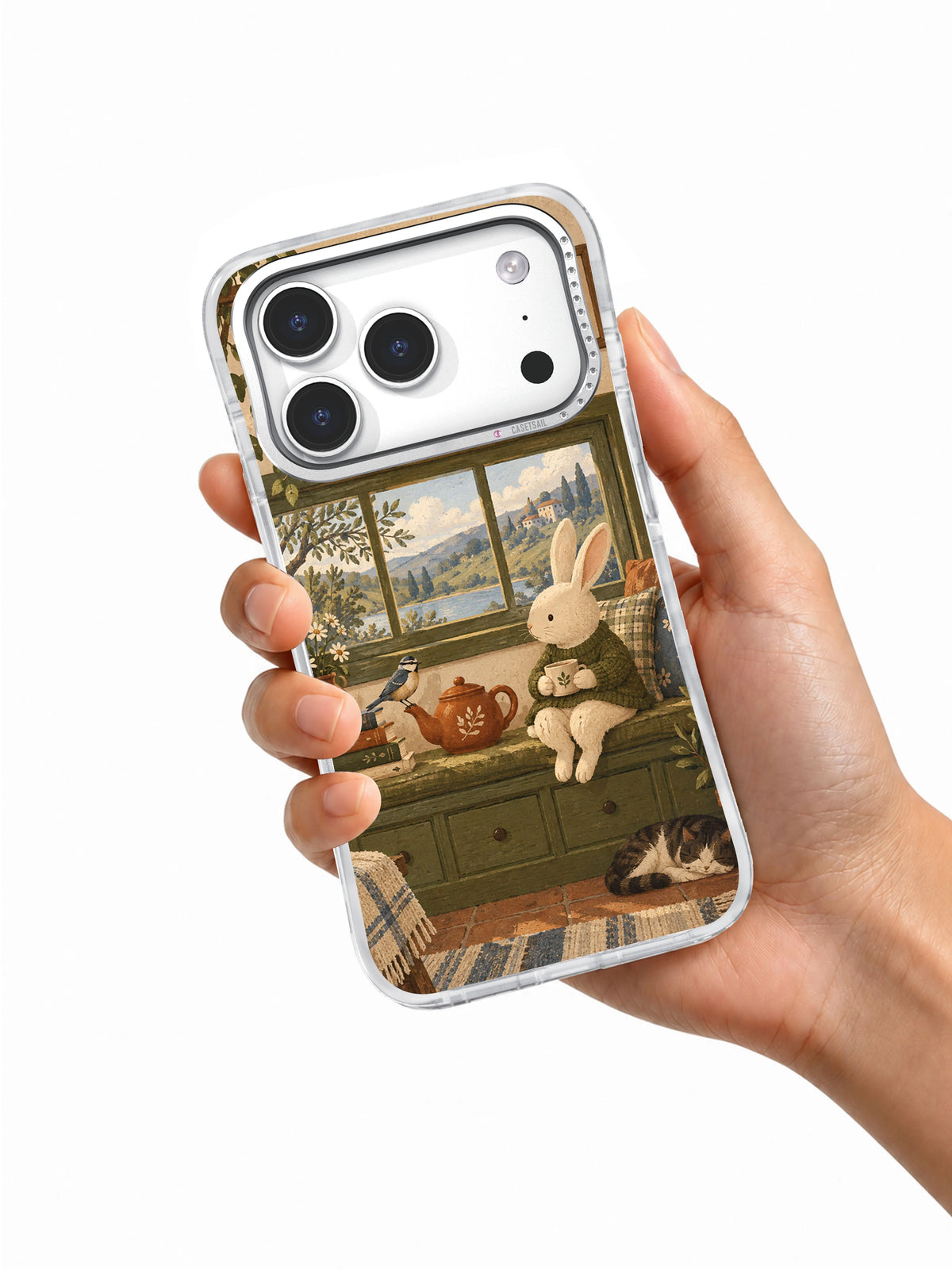 Tea at the Window iPhone 17 Pro case held in one hand