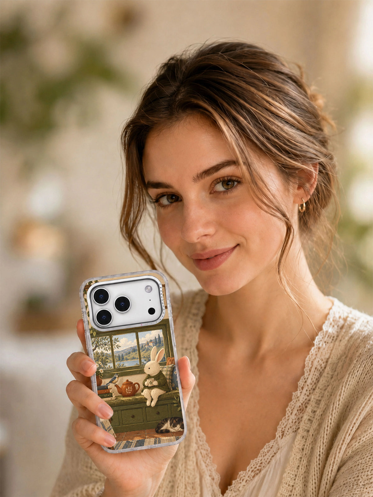 Lifestyle view of Tea at the Window iPhone 17 Pro case