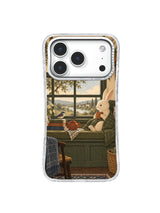 Cream rabbit on an olive bench beneath a quiet window phone case artwork