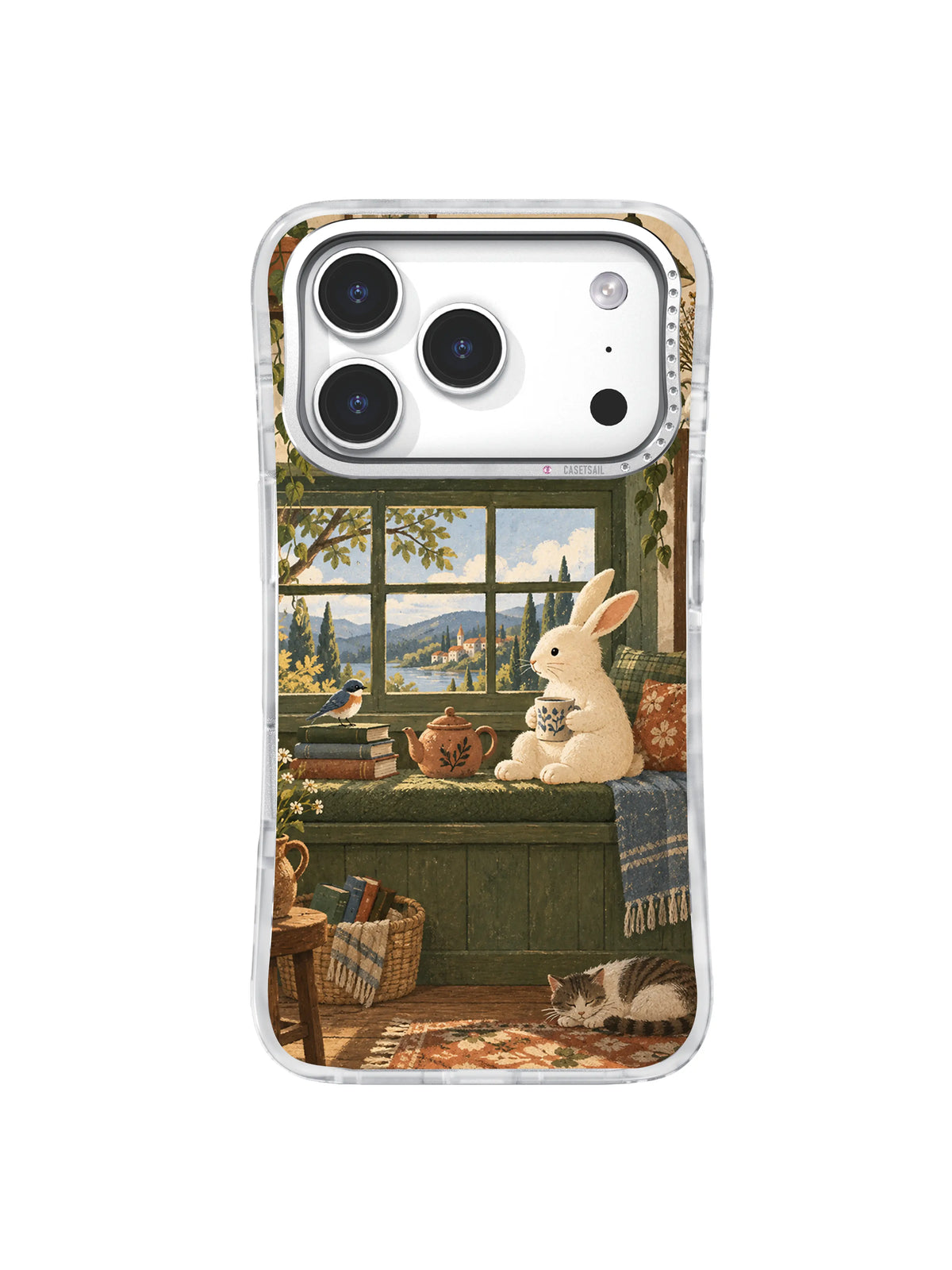 Cream rabbit welcoming a tiny bird at the window phone case artwork