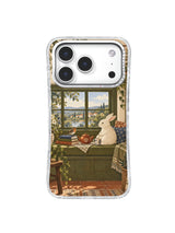 Cream rabbit sharing a warm cup with a visiting bird phone case artwork