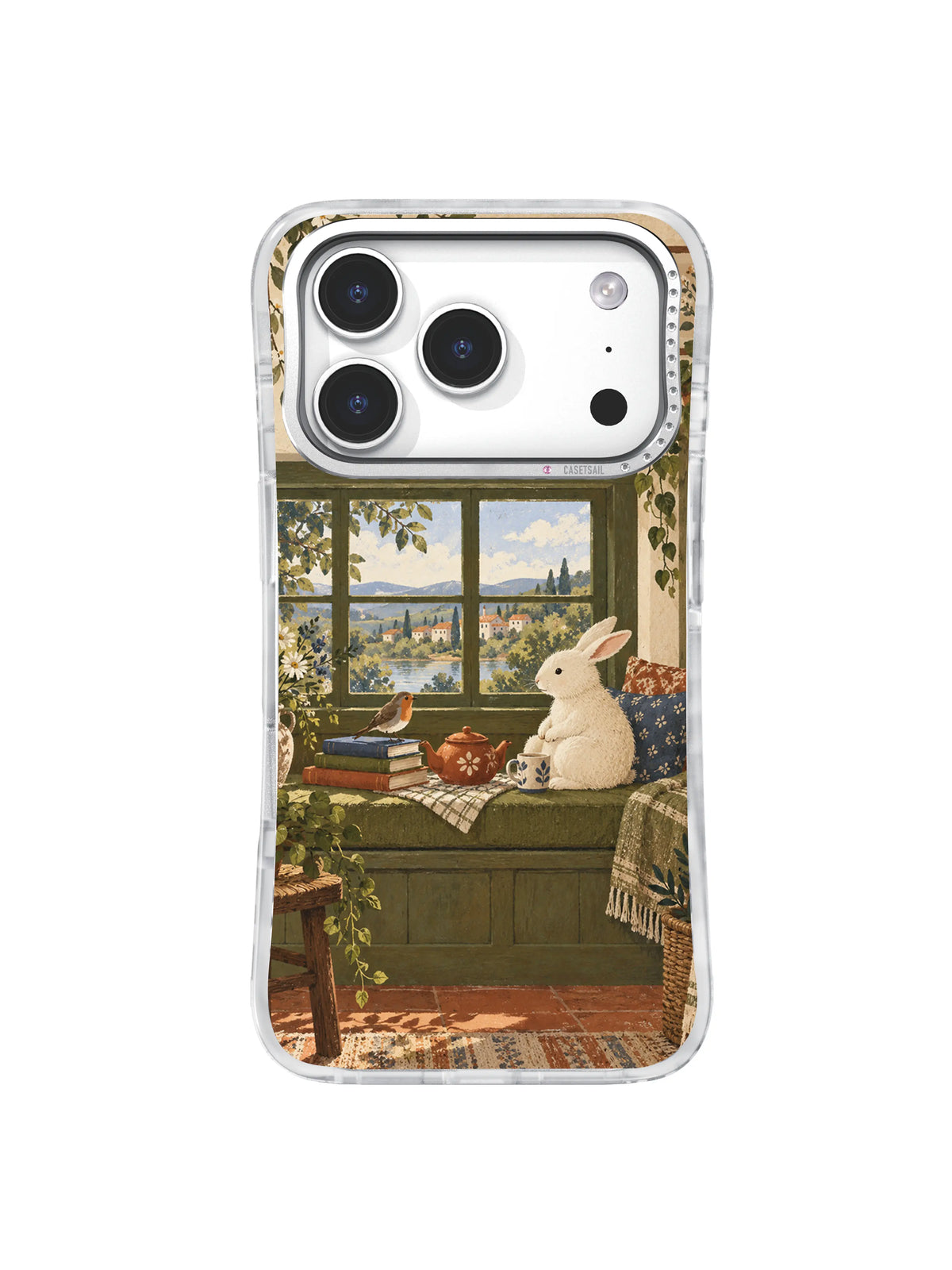Cream rabbit sharing a warm cup with a visiting bird phone case artwork