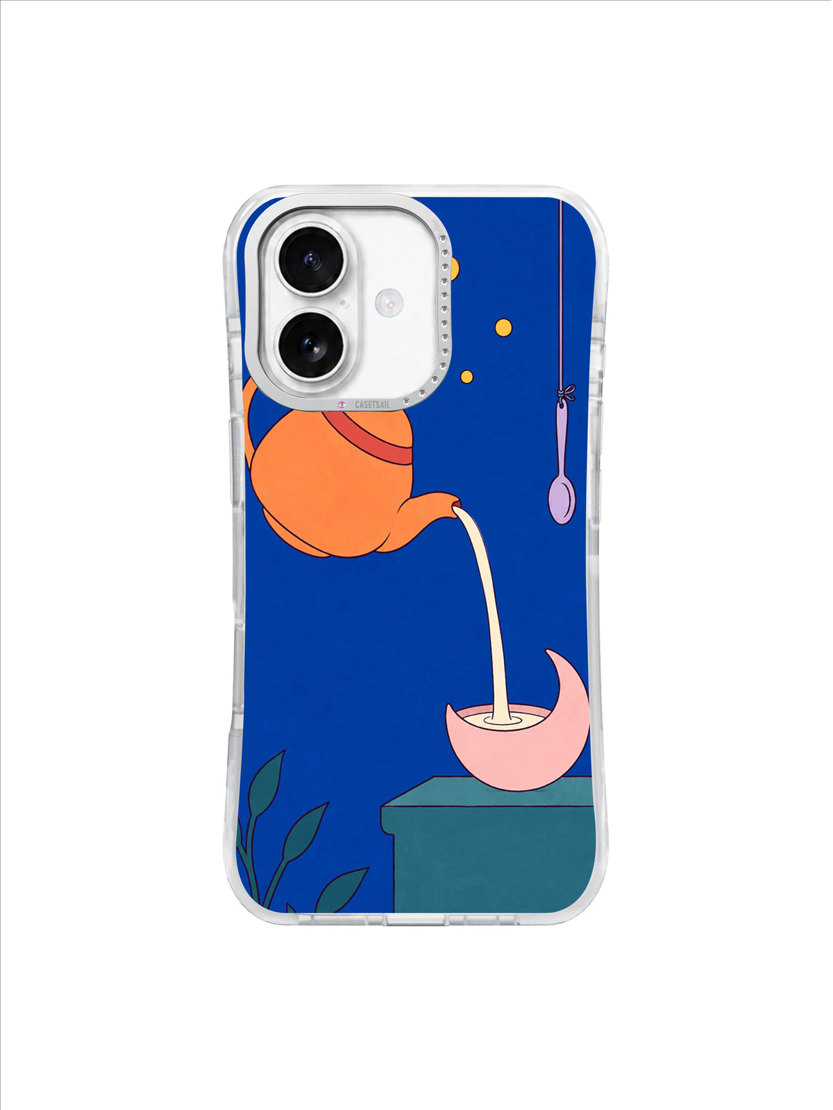 Warm teapot pouring a cream stream into a crescent cup above a coral-striped teal ledge