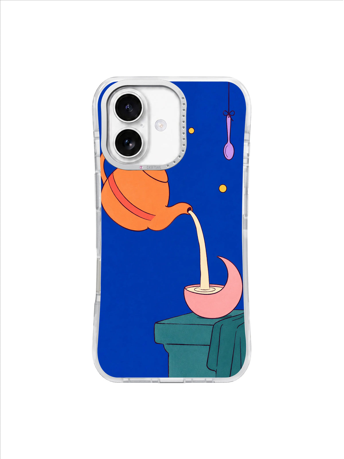 Orange teapot and crescent moon cup arranged over a quiet teal step on a cobalt iPhone case