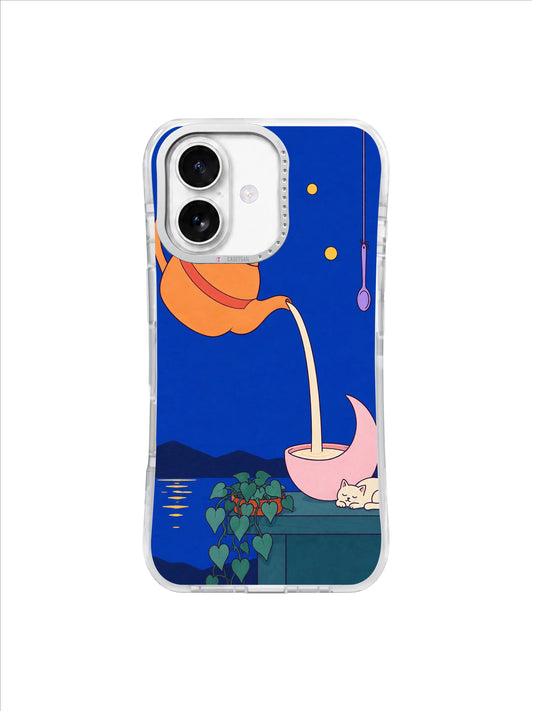 Apricot teapot pouring cream tea into a pink crescent cup above a midnight water garden on an iPhone case