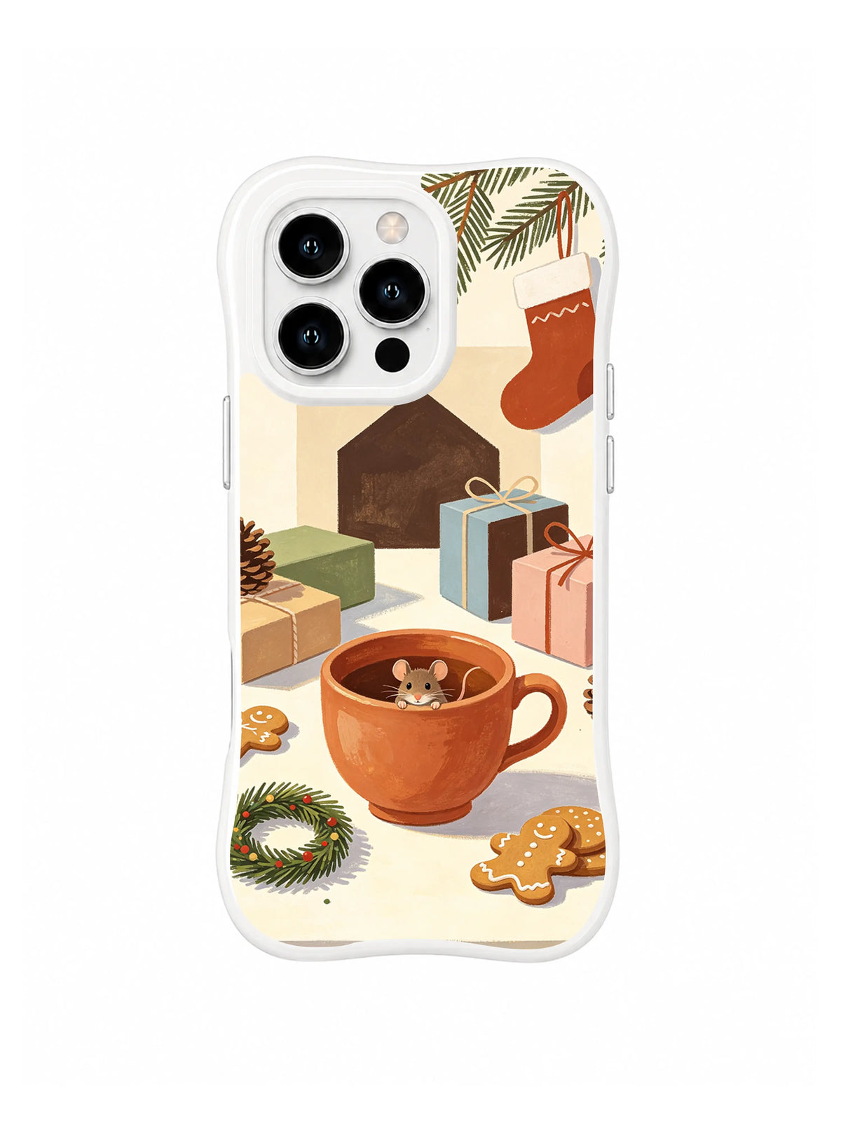 Clear-edge iPhone 15 Pro case with a teacup mouse before a dark brown hearth, blue and pink gifts, wreath and gingerbread