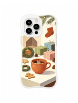 Clear-edge iPhone 15 Pro case with a small mouse peeking from a terracotta cup among sage gifts, wreaths, cookies and fir sprigs