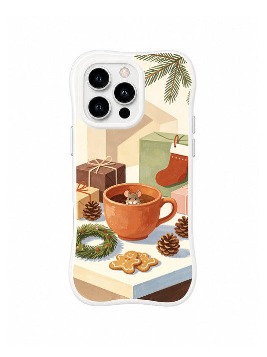 Clear-edge iPhone 15 Pro case with a tiny mouse in a terracotta teacup beside gingerbread cookies, wreath, gifts and pinecones