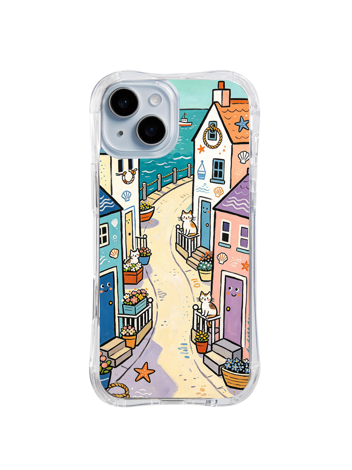 Flower Quay Cat Lane: A narrow quay with cats and flower pots runs between bright coastal homes.