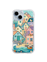 Seaside Cat Stair Village: Cats gather among colorful seaside houses, stairs and blue waves.