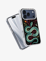 Angled view of Teal Serpent Botanica iPhone case with teal snake and burgundy botanicals