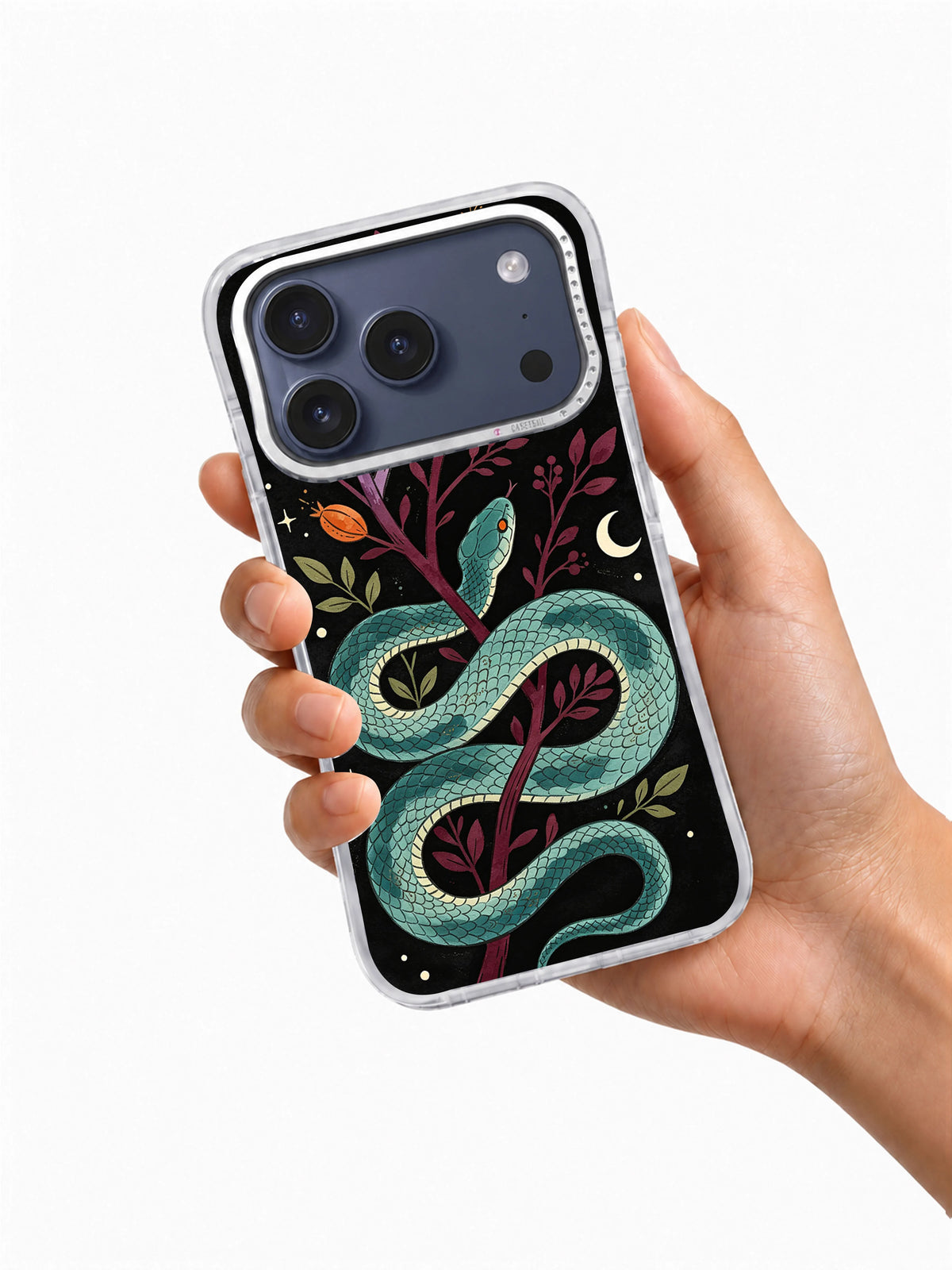 Teal Serpent Botanica iPhone case held in hand showing coiled snake and moon details