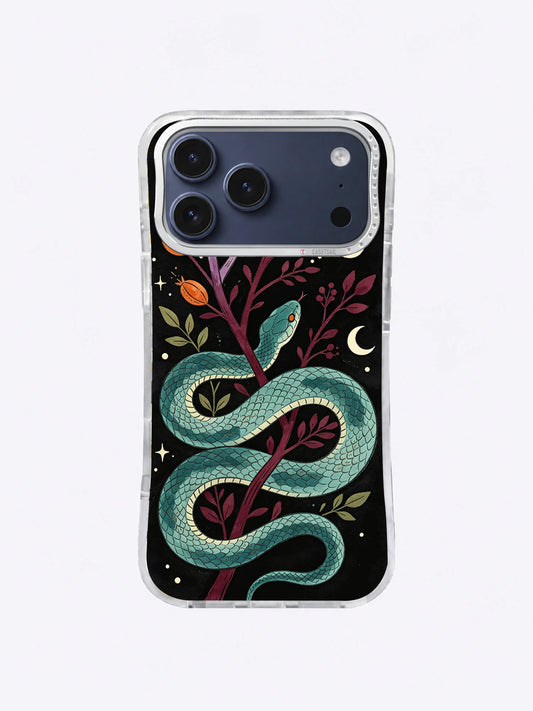 Teal Serpent Botanica iPhone case, Crescent Vine Serpent pattern with teal snake and ivory moon
