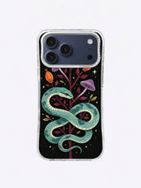 Teal Serpent Botanica iPhone case, Double Coil Seedpod Garden pattern with burgundy branch