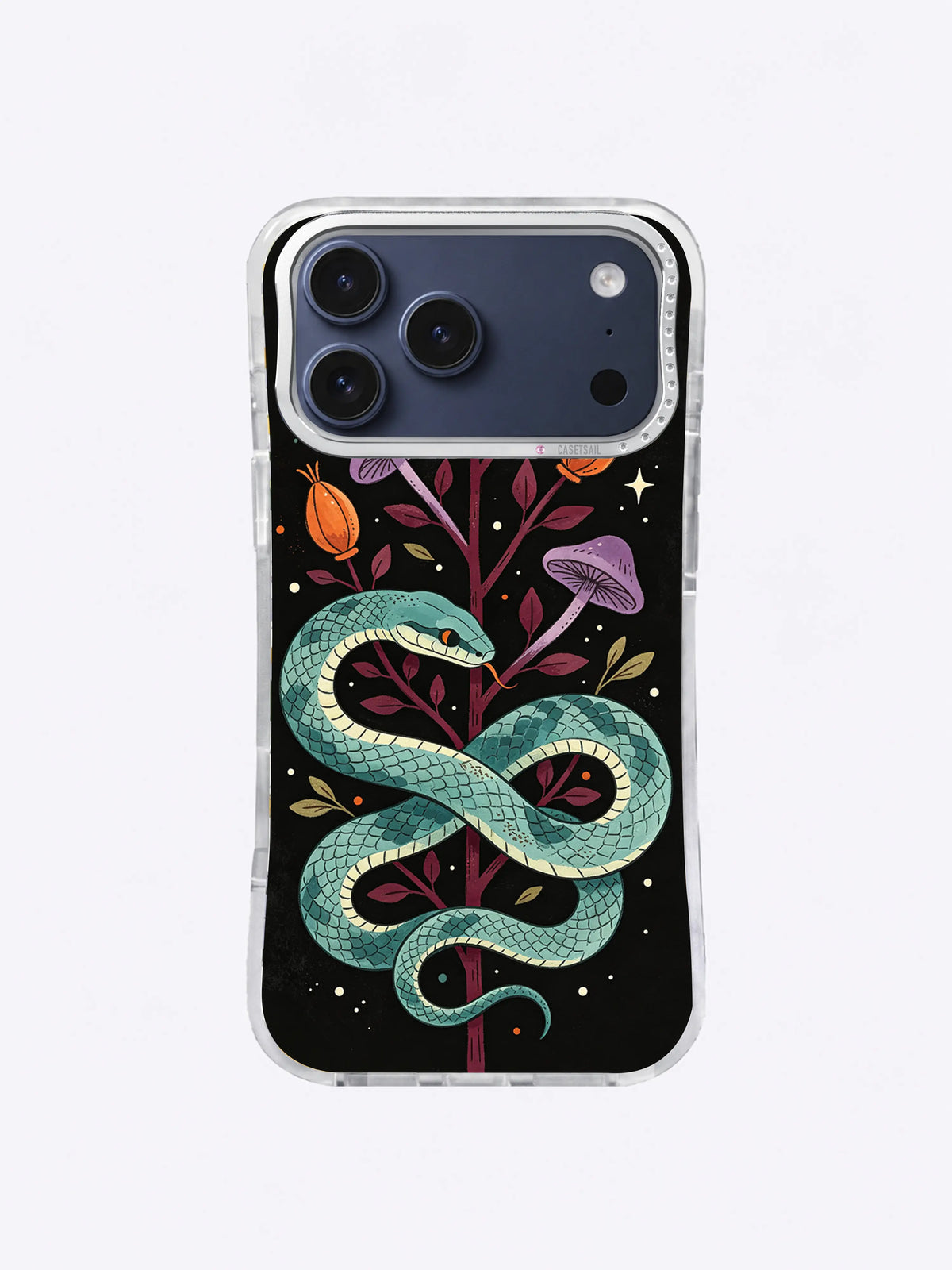 Teal Serpent Botanica iPhone case, Double Coil Seedpod Garden pattern with burgundy branch