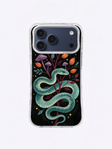 Teal Serpent Botanica iPhone case, Mushroom Canopy Coil pattern with purple fungi