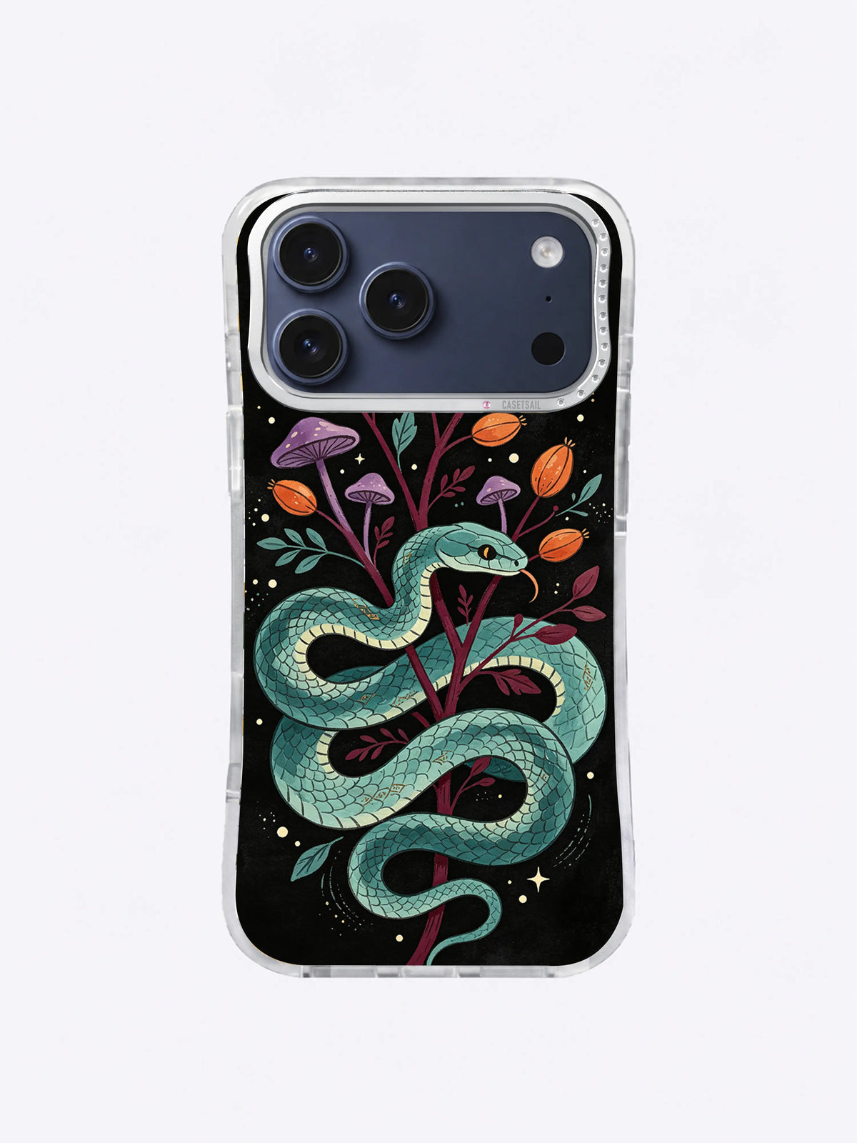 Teal Serpent Botanica iPhone case, Mushroom Canopy Coil pattern with purple fungi