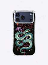 Teal Serpent Botanica iPhone case, Violet Mushroom Spiral pattern with layered snake coils