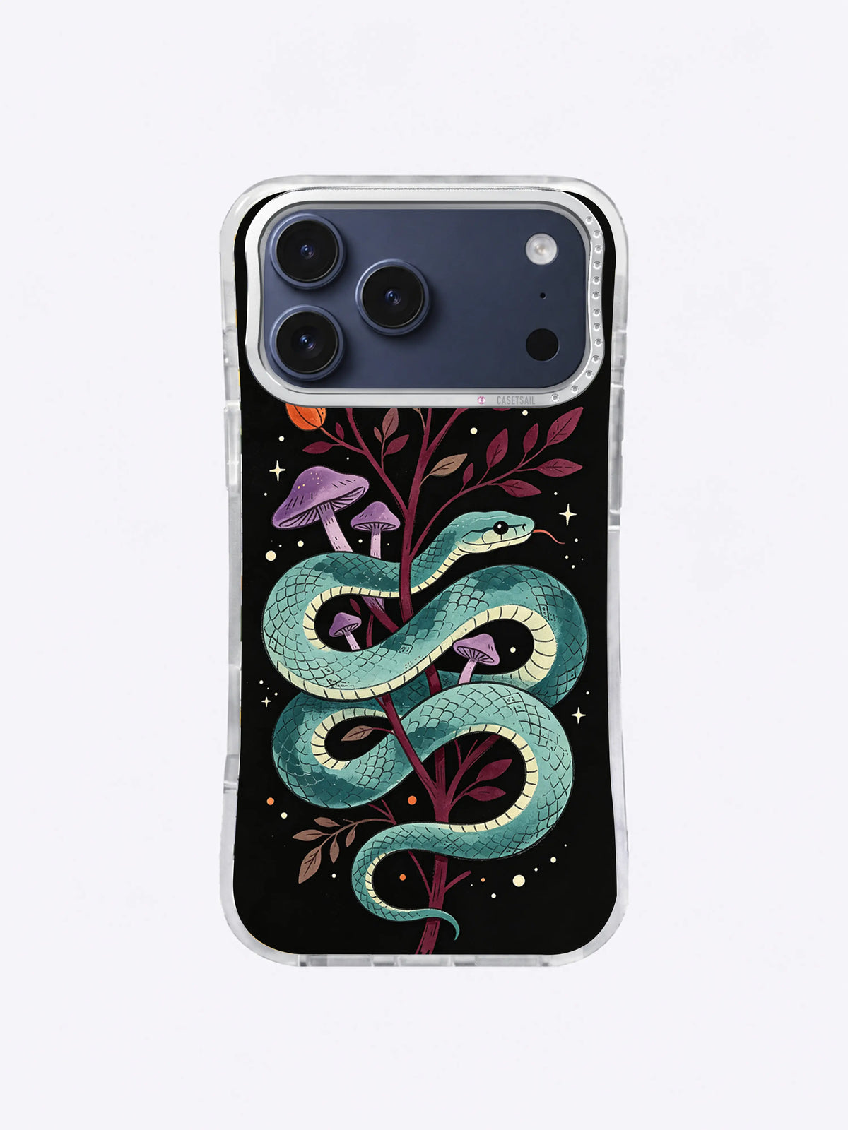 Teal Serpent Botanica iPhone case, Violet Mushroom Spiral pattern with layered snake coils