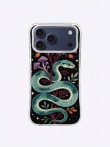 Teal Serpent Botanica iPhone case, Teal Sentinel Branch pattern with raised snake head