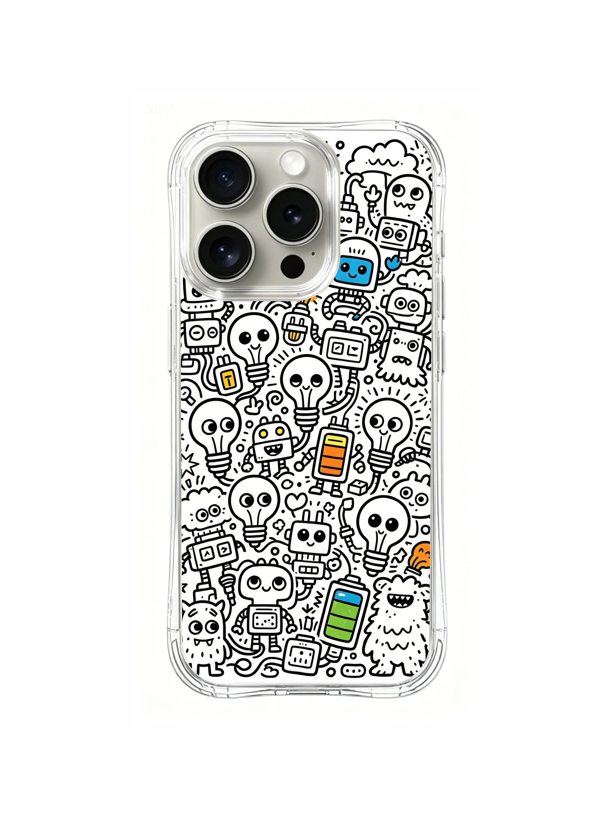 Playful tech themed bulb head community doodle iPhone 15 pro Case, tough durable US-made phone casing crafted at PhoneCasing factory, trending wearable fine art phone cover.