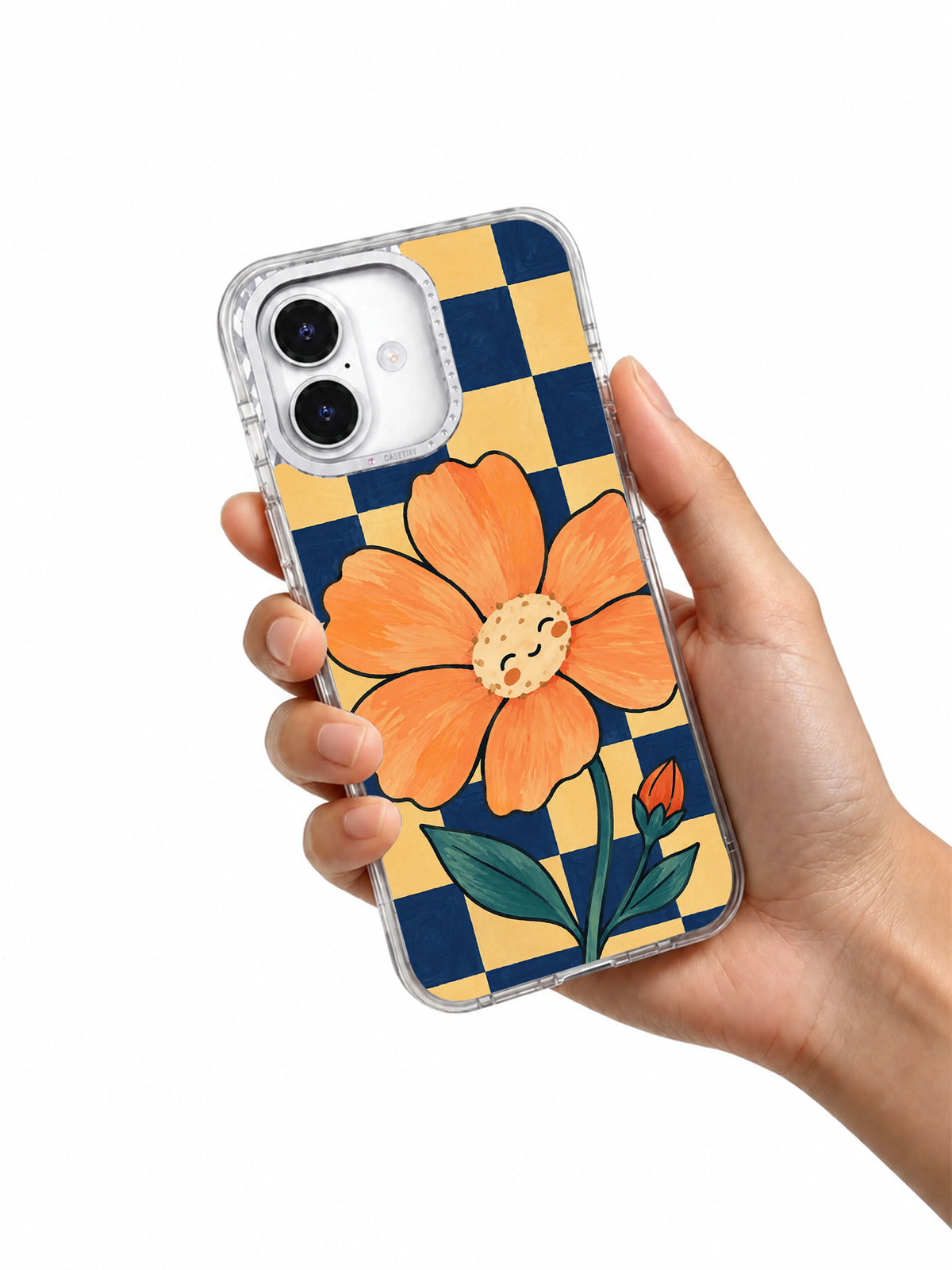 The Apricot Hour floral iPhone 17 case held in hand
