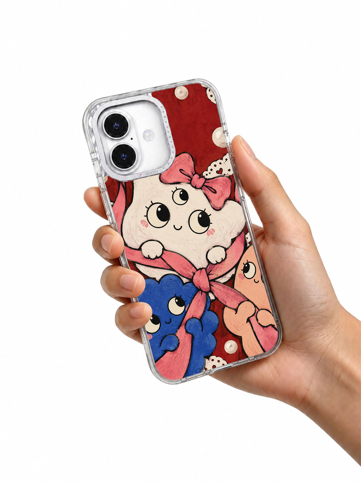 The Beautifully Crooked Bow iPhone 17 case held in hand