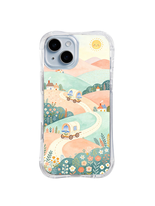 Apricot Twin Caravan Road: Two small caravans travel a peach road through mint hills and flowers.