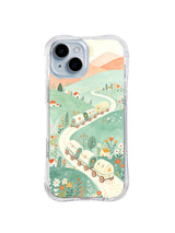 Mint Meadow Caravan Line: Uzun karavan dizisi nane yeşili ve mercan tarlalar arasındaki beyaz yolu izler.