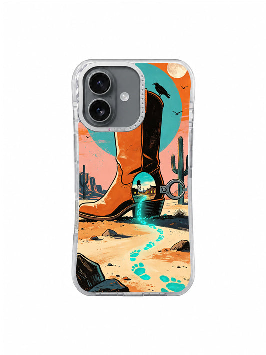 Turquoise Footprint Trail artwork on The Boot Beyond the Map iPhone 17 Case