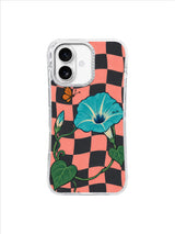 Blue Morning Glory Curve with heart-shaped leaves over wavy coral checks iPhone 17 case