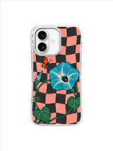 Coral Check Butterfly with teal morning glory vine on charcoal checkerboard iPhone 17 case