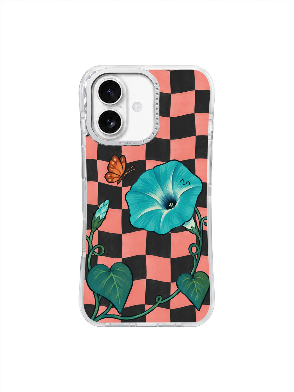 Orange Wing Wayfinder butterfly beside turquoise flower and curling vine iPhone 17 case