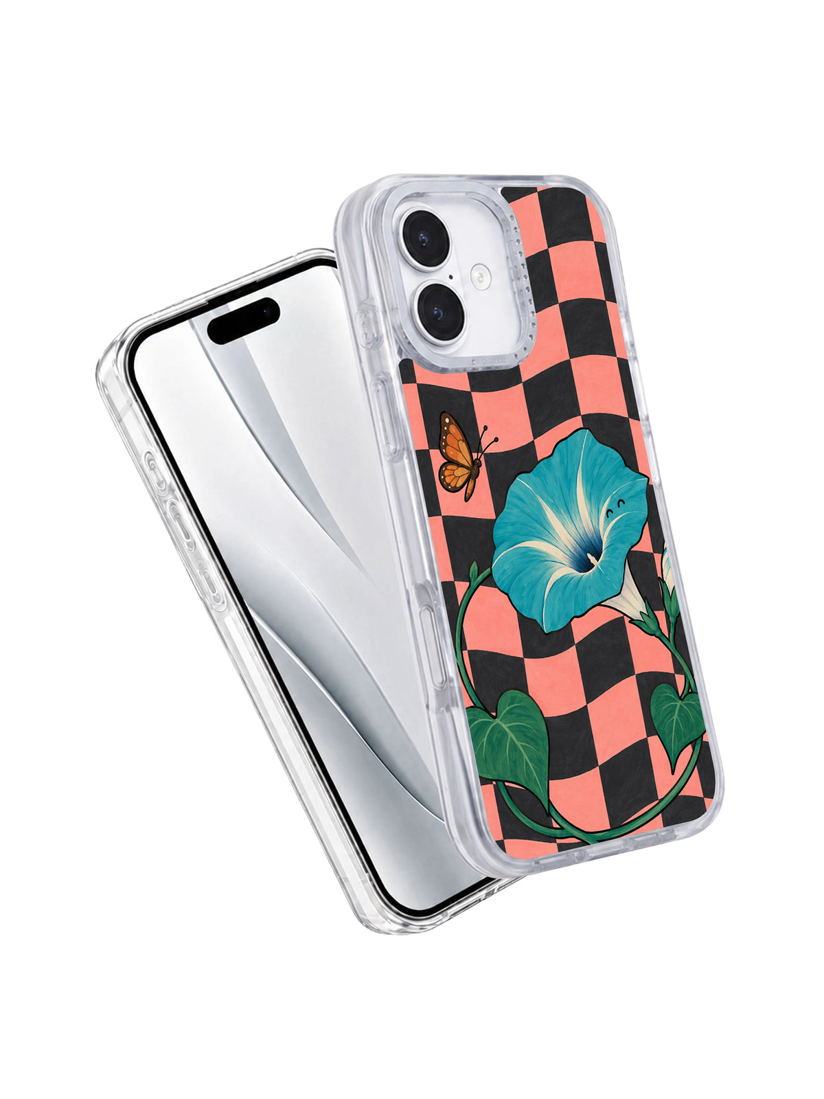 The Butterflys Blue Detour iPhone 17 case angled paired view
