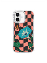 Teal Trumpet Detour blue-green morning glory and orange butterfly on coral checkerboard iPhone 17 case
