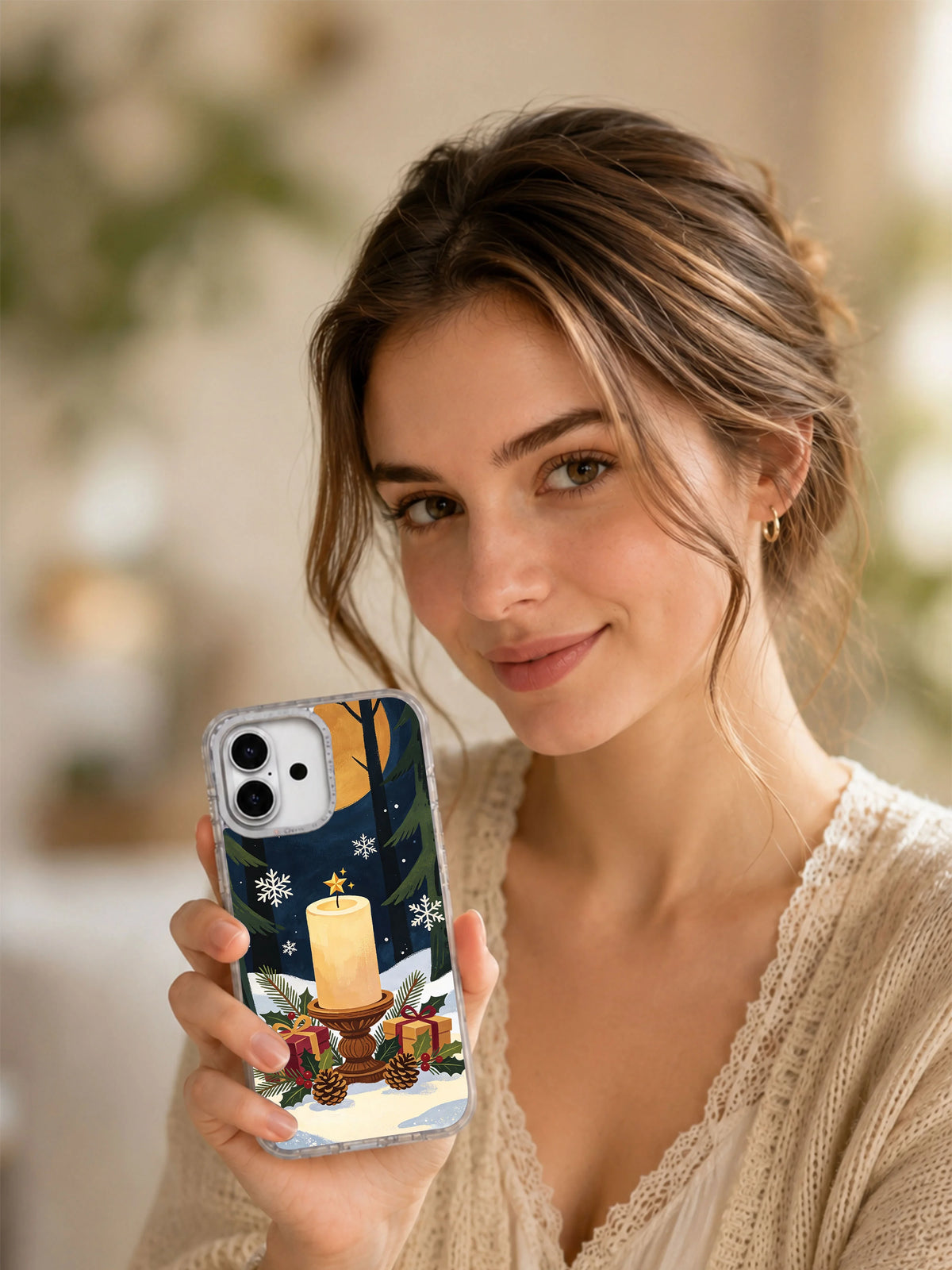 The Cedar Candle Keeps Watch iPhone 17 case winter lifestyle view