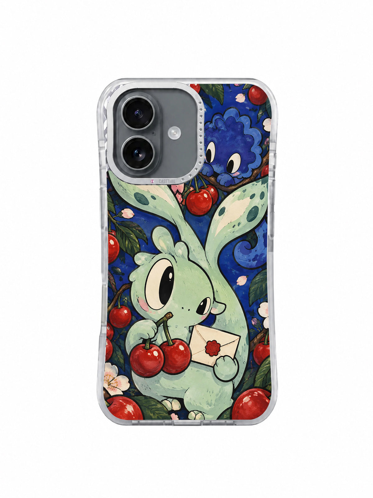 The Cherry Promise Post iPhone 17 Case front view with cute cherry courier artwork