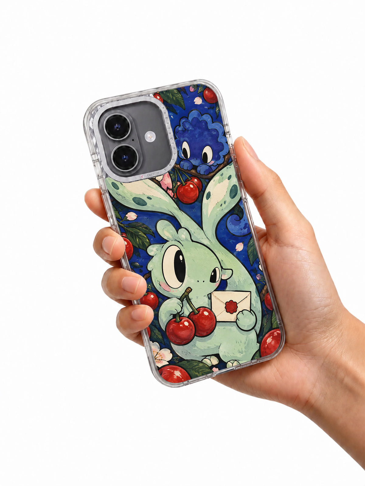 The Cherry Promise Post iPhone 17 Case shown in hand